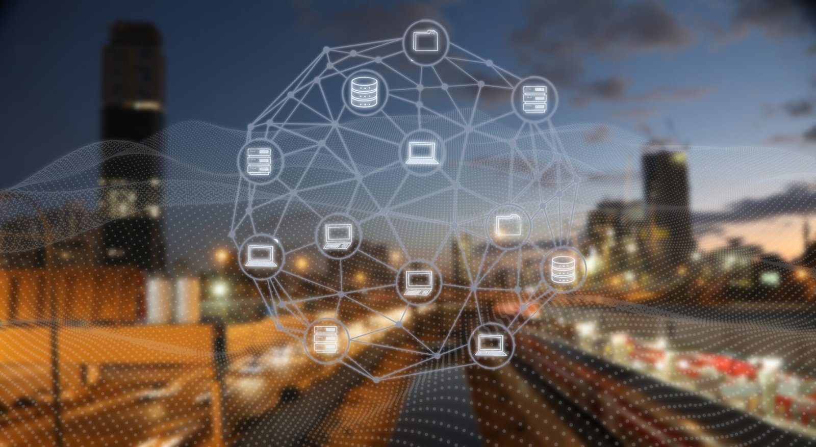 Different network traffic represented by computer, server and file icons all connected by network lines
